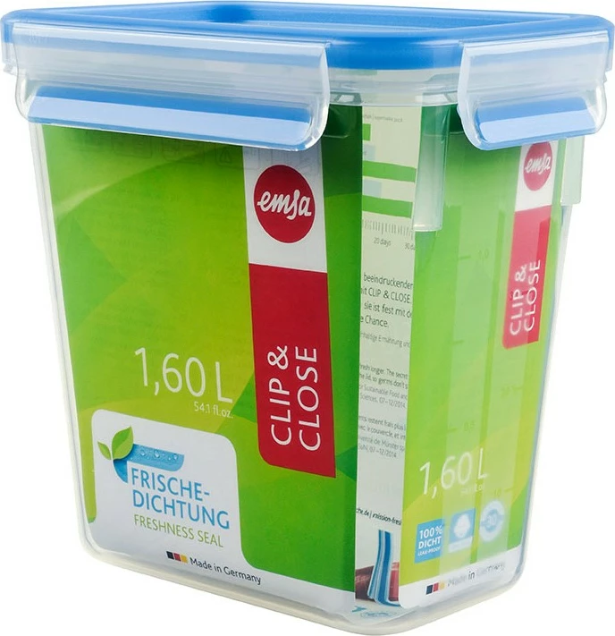 Enë plastike Emsa 508543, 1.6L, me kapak, klipsa, transparente/blu