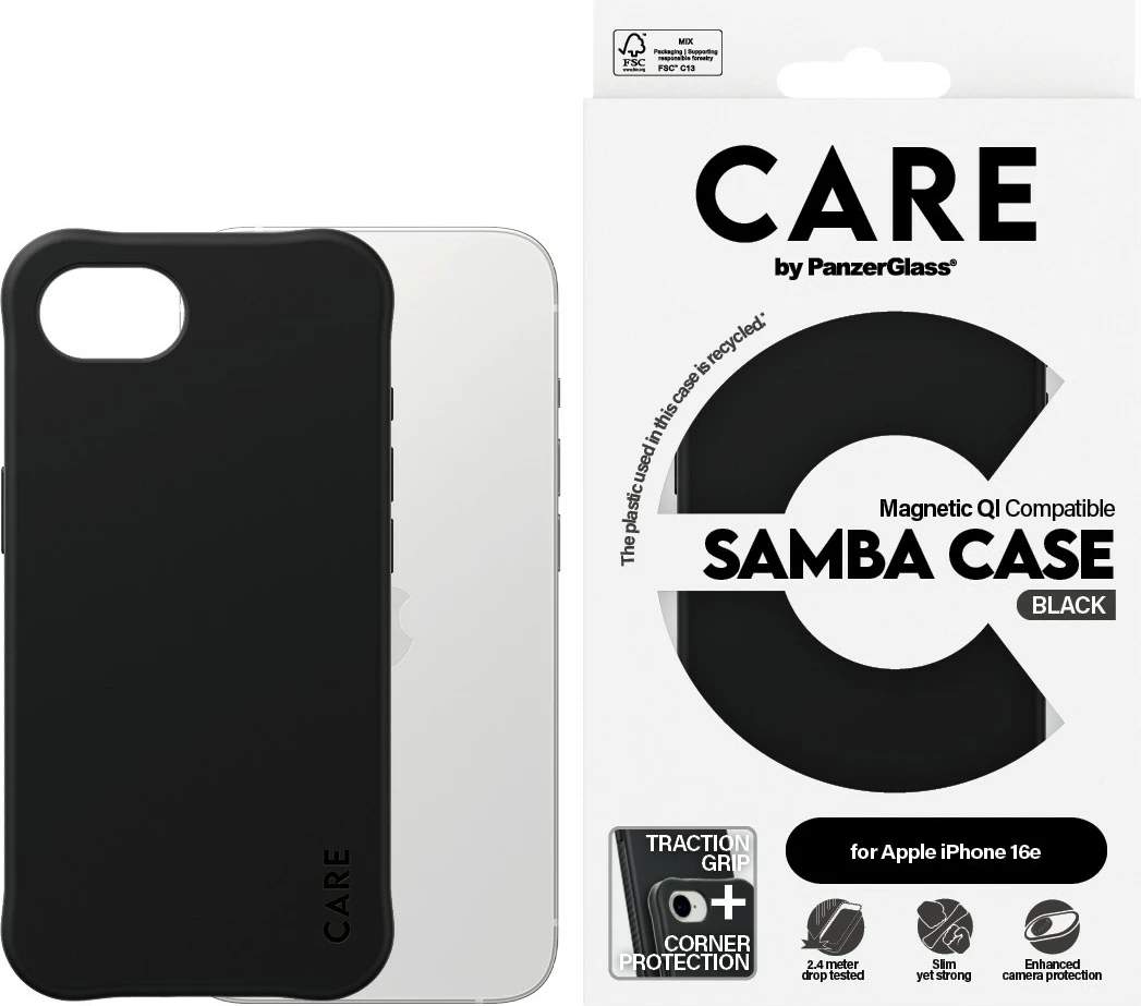 Mbështjellës PanzerGlass CARE Case Samba me MagSafe, i zi, për iPhone 16e