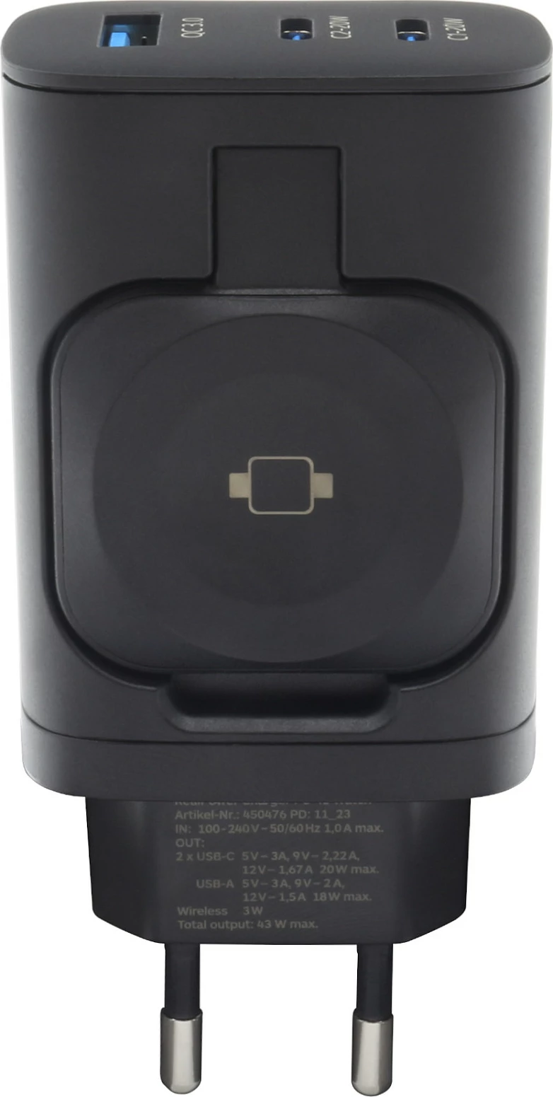 Karikues muri RealPower 450476, 43W, 2x USB-C PD 20W + USB-A QC 3.0, wireless charging, i zi