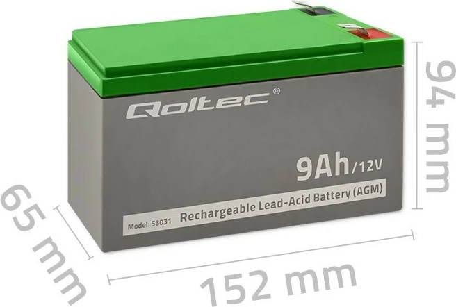 Bateri AGM Qoltec 53031, 12V, 9Ah, Gri/Gjelbër