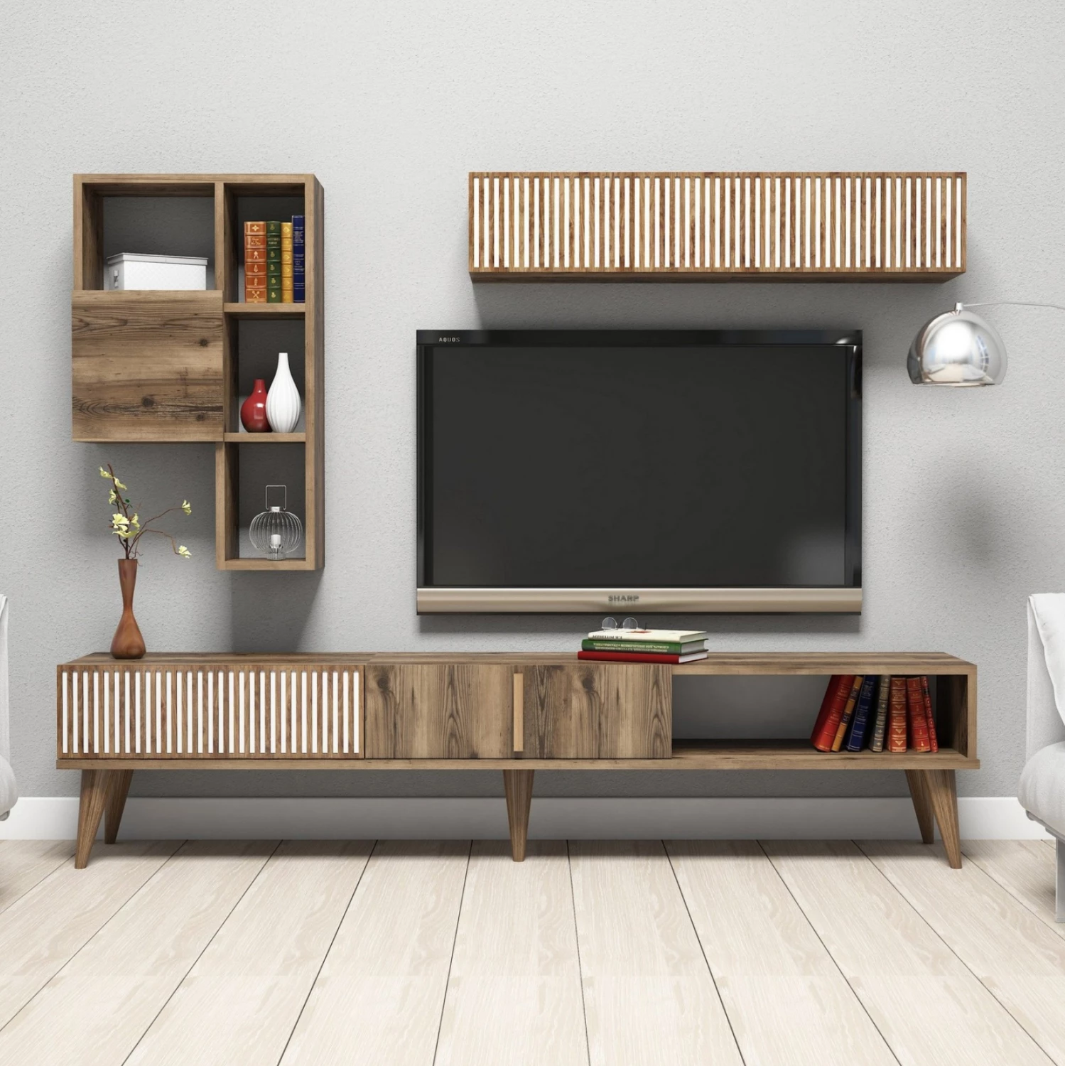 Set mobiljesh për TV, FH9438.02, melaminë, ngjyrë arre-bardhë, 180x35x40Hcm