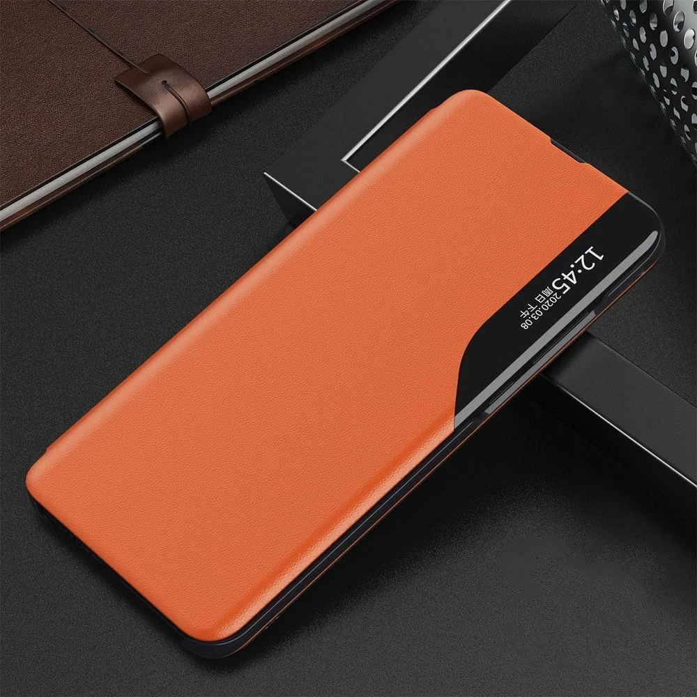 Mbështjellës Hurtel Eco Leather View Case për Samsung Galaxy A72, me kapak dhe qëndrim, portokalli