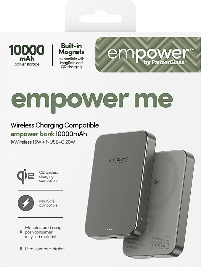 Power bank PanzerGlass empower 10000mAh, Qi2 15W, USB-C 20W, MagSafe kompatibil, Titanium