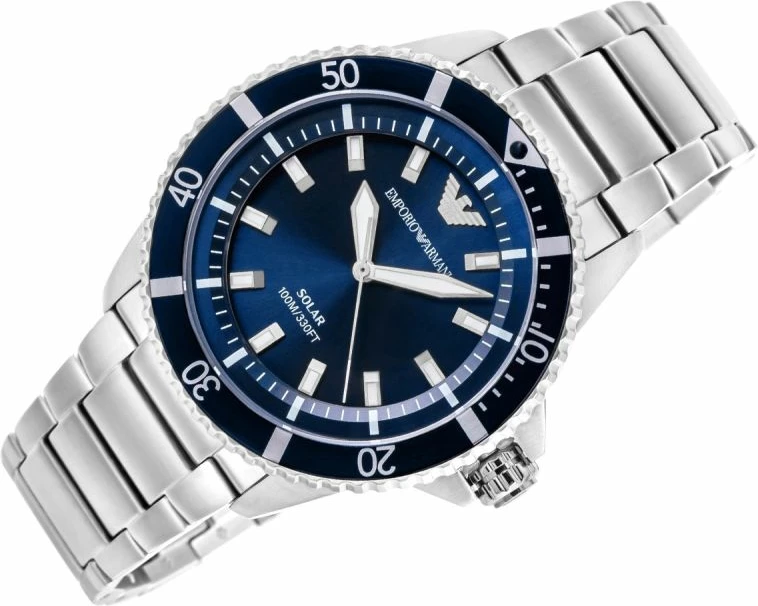 Orë dore meshkujsh Emporio Armani World Explorer AR11697, argjendtë/kaltër, me kuti