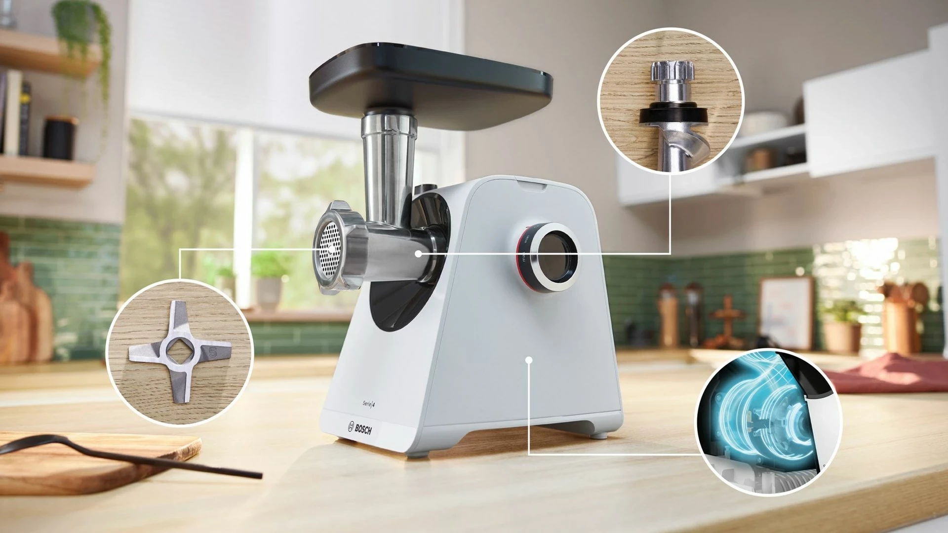 Makinë mishi Bosch Serie 4 MFWS420W, 1900 W, Bardhë, Zi