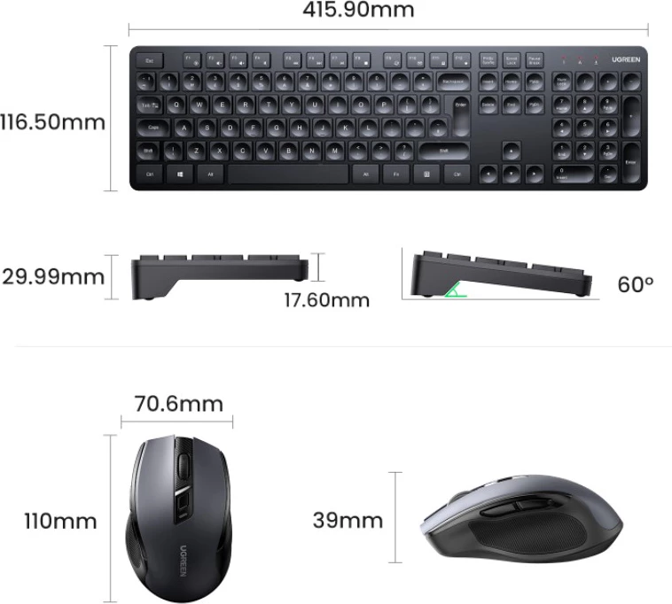 Set tastierë dhe maus wireless Ugreen MK006, 2.4GHz, e zezë