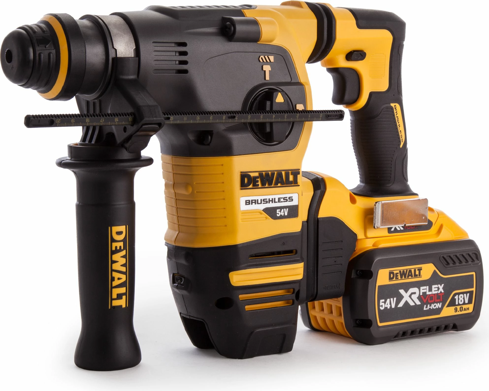 Trapan çekiç rrotullues Dewalt DCH333X2 54V 3.5J SDS-Plus, 2x 9Ah me karikues, në kuti, e verdhë/zezë