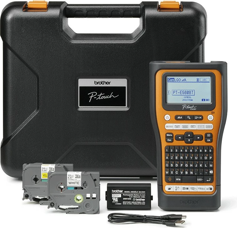 Printer etiketash Brother P-Touch E560BTVP, Bluetooth, bateri e integrume, portokalli