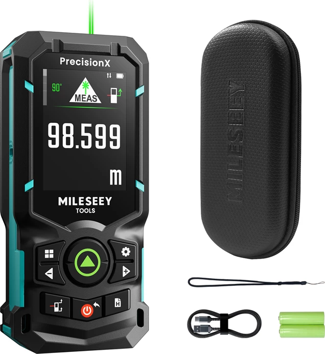 Matës distance lazer Mileseey S50, 0.05-120 m, green laser, ekran IPS 2.4\", USB-C, P2P, zi me aksente blu, me set (çantë, 2x bateri AA Ni-MH, kabllo USB-C)