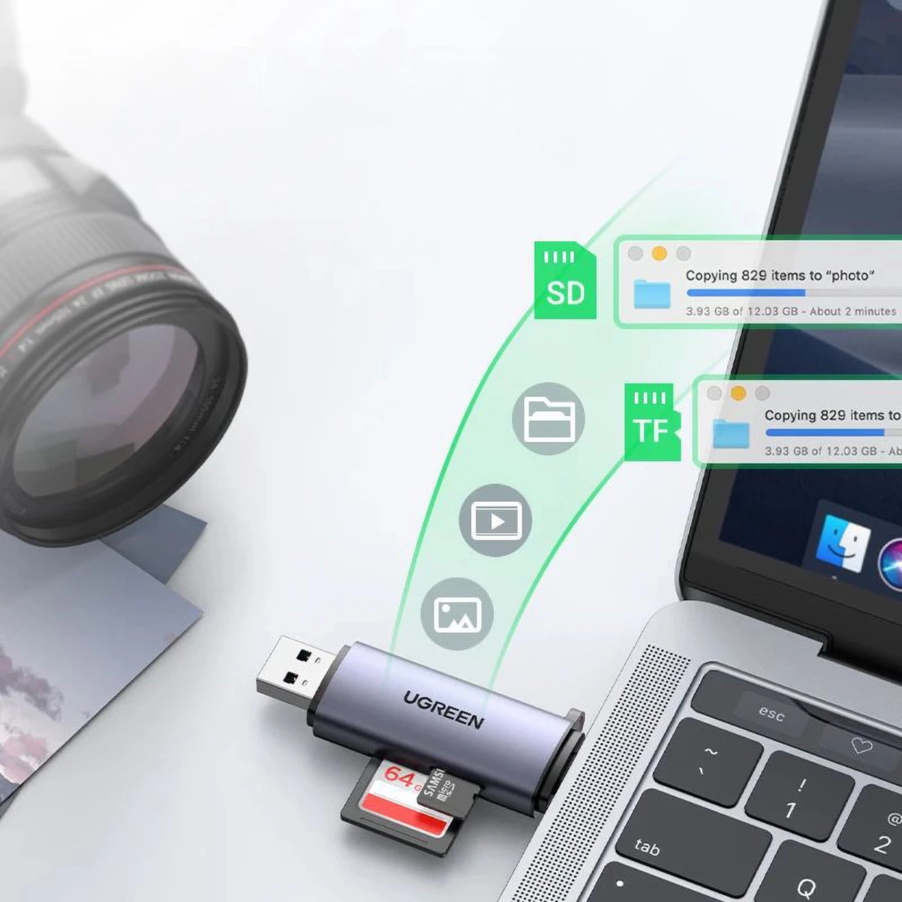 Lexues kartelash Ugreen CM185 50706, USB-A/USB-C, Gri