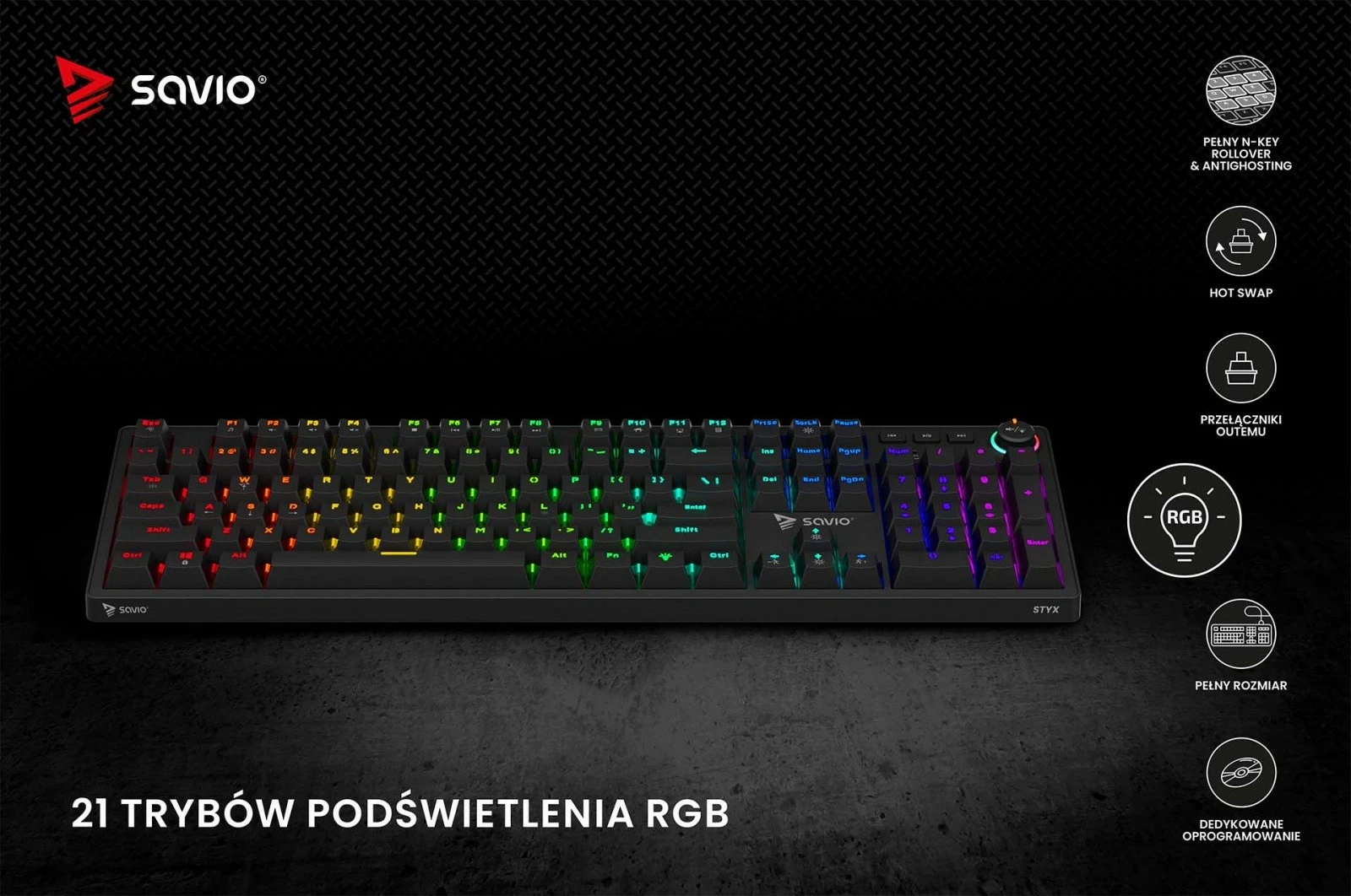 Kasë mekanike Savio STYX Peach Silent, RGB, Hot Swap, me kabllo, e zezë