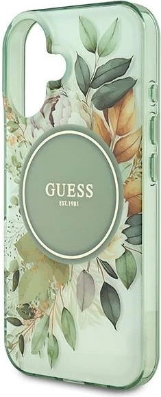 Mbështjellës Guess IML Flower & Tonal Circle MagSafe për iPhone 16 Plus, Gjelbër
