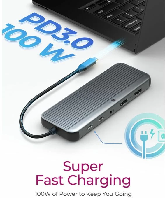 Stacion dokimi USB-C ICYBOX IB-DK4060-CPD, 12-në-1, triple video (2x HDMI + DP), deri 8K@30Hz, 10Gbps, PD 100W, LAN Gigabit, lexues SD/microSD, anthracite