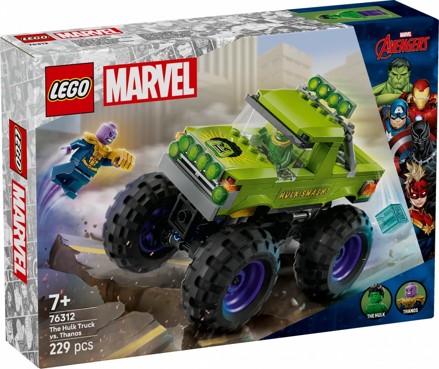 Set ndërtimi LEGO Marvel Super Heroes 76312, Monster Truck Hulk vs Thanos, 229 pjesë, Jeshile