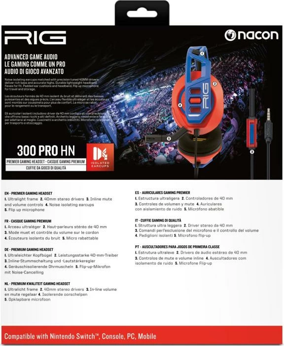 Kufje gaming Nacon RIG 300 PRO HN, 40 mm, me kabllo 3.5 mm 1.5 m, mikrofon i palosshëm, për Nintendo Switch 2/Switch, kuqe/kaltër