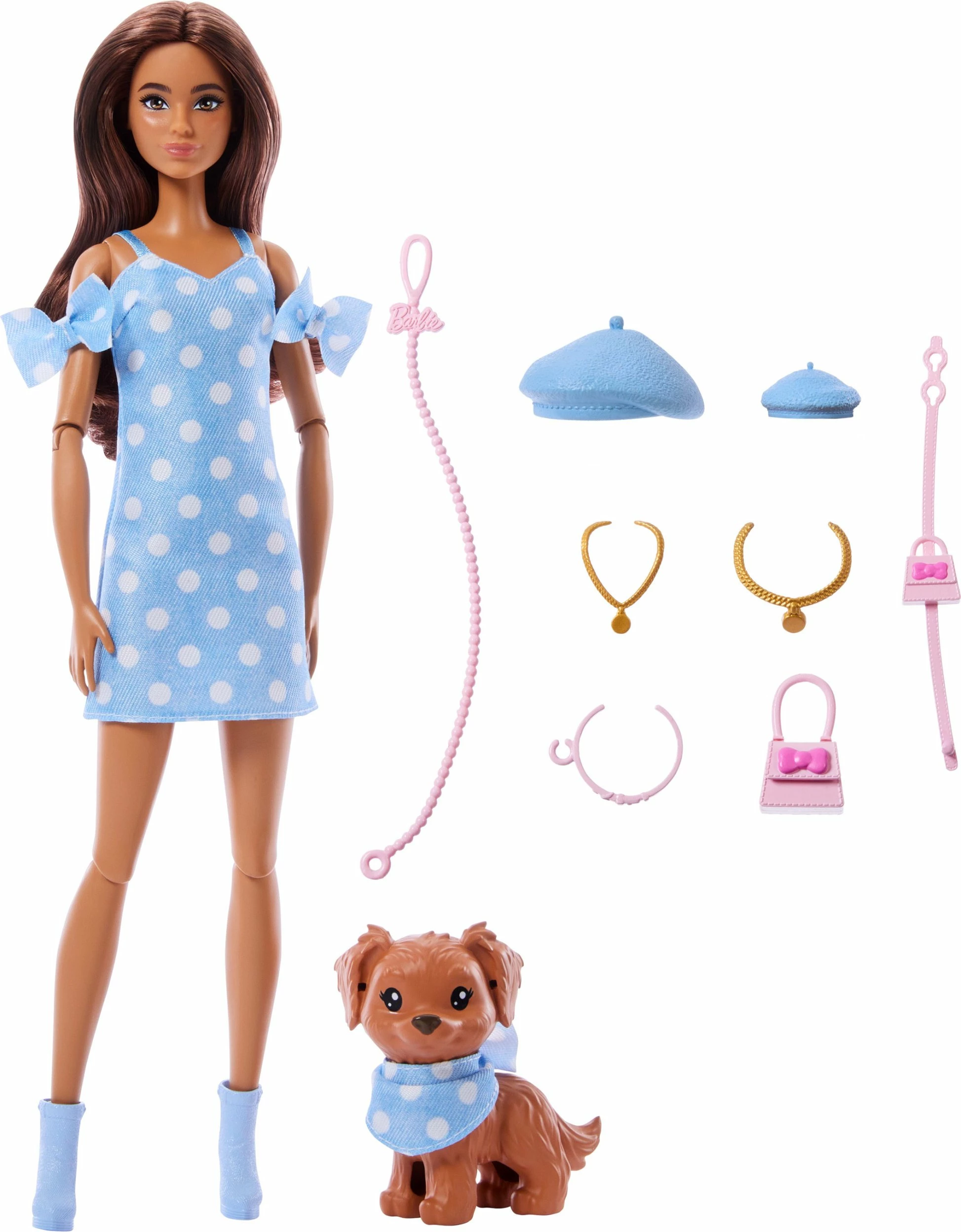 Kukull Barbie Mattel Twinning Looks JFP38, me qen, veshje me pika, blu