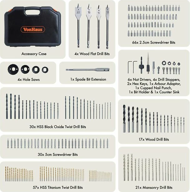 Set maje shpimi VONHAUS 3515384, 246 copë, për dru/metal/beton, me kasë, zi/portokalli