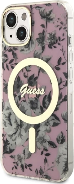 Mbështjellës Guess GUHMP14MHCFWSP për iPhone 14 Plus 6.7", MagSafe, lule, rozë