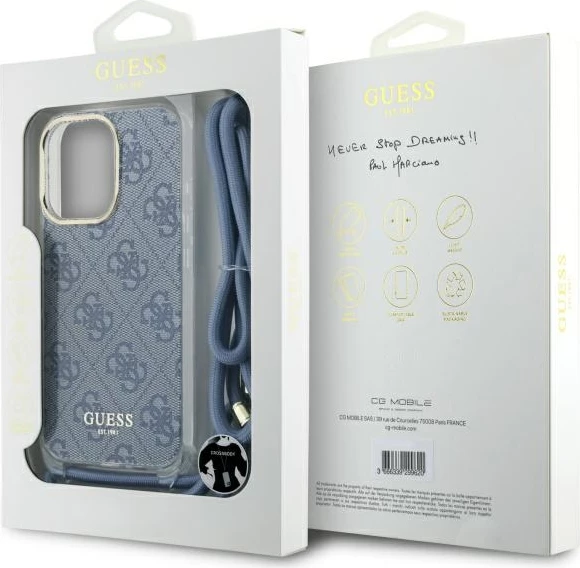 Mbështjellës Guess Crossbody Cord 4G Print për iPhone 16 Pro, Kaltër