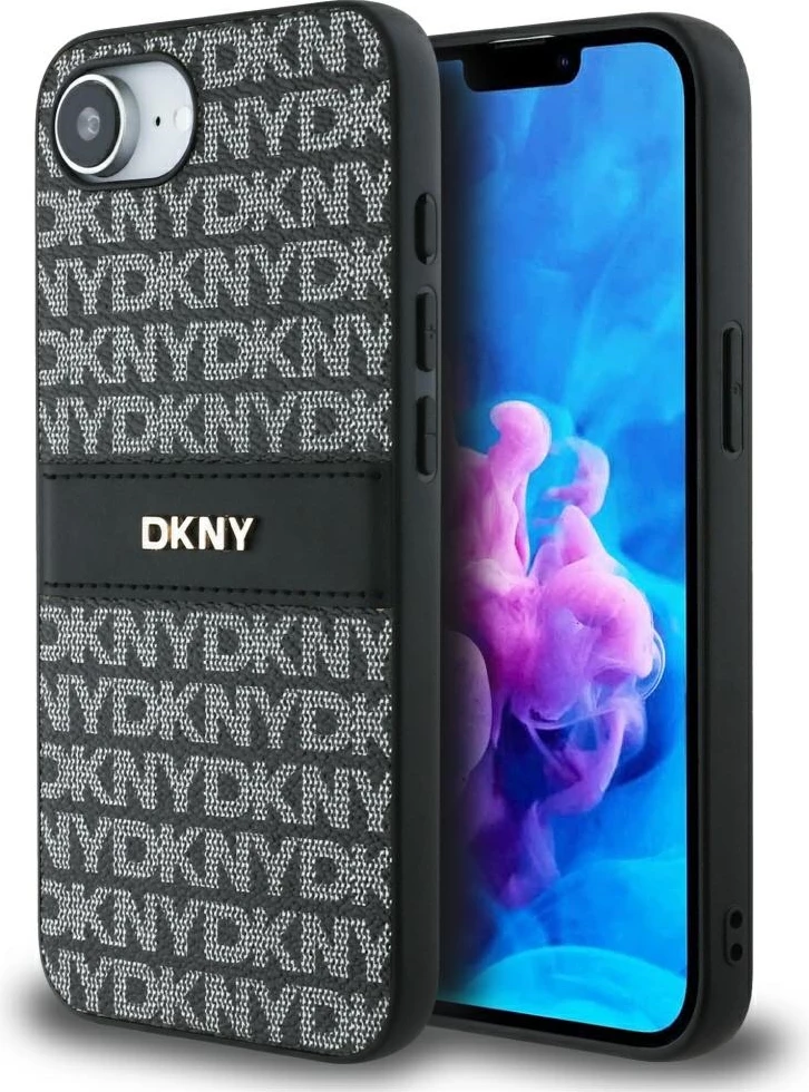 Mbështjellës DKNY Repeat Texture Pattern me shirit dhe logo metalike, për iPhone 16e, e zezë