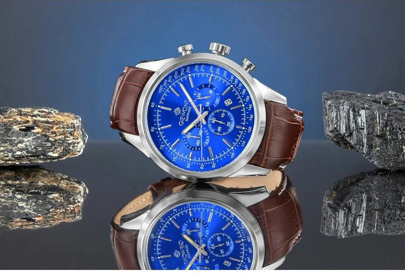 Orë dore kronograf për meshkuj Giewont GW7650-A5, e kaltër/argjendtë, rrip lëkure kafe