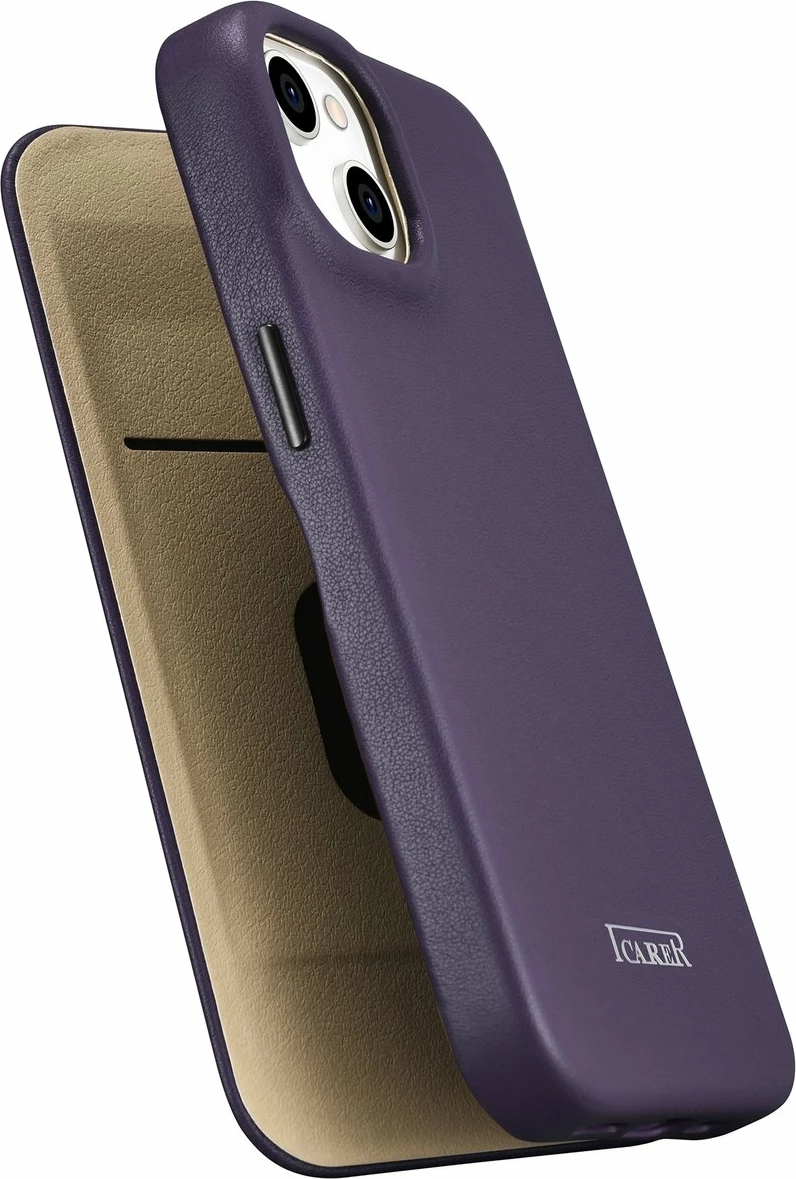 Mbështjellës iCarer CE Premium lëkurë, për iPhone 14 Plus, MagSafe, vjollcë e errët