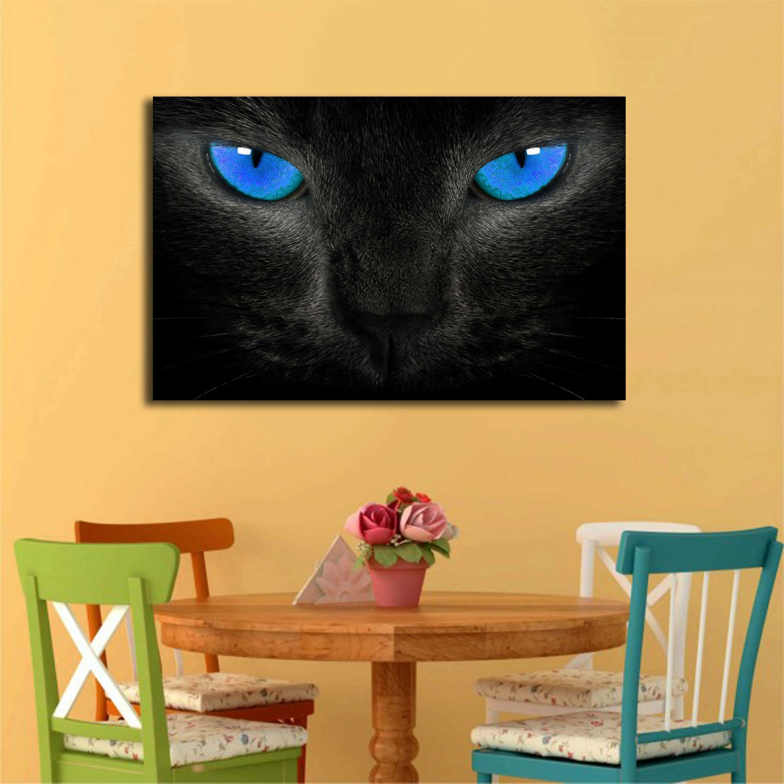 Pikturë dekorative me LED, kanavacë, mace me sy të kaltër, 45x70cm