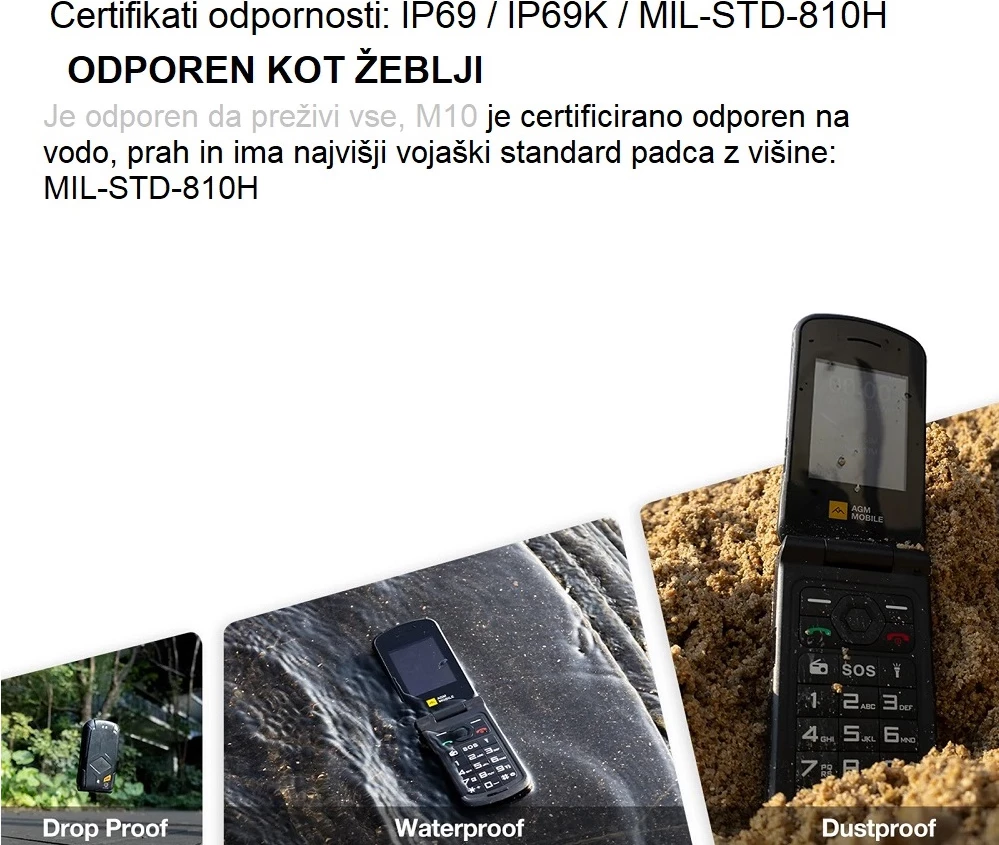 Celular me kapak rezistent AGM Flip M10, 4G LTE, Dual SIM, IP68/IP69K, MIL-STD-810H, butona, i zi