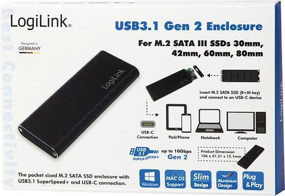 Kasë për SSD M.2 LogiLink USB 3.2 Gen2 USB-C (NGFF), e zezë