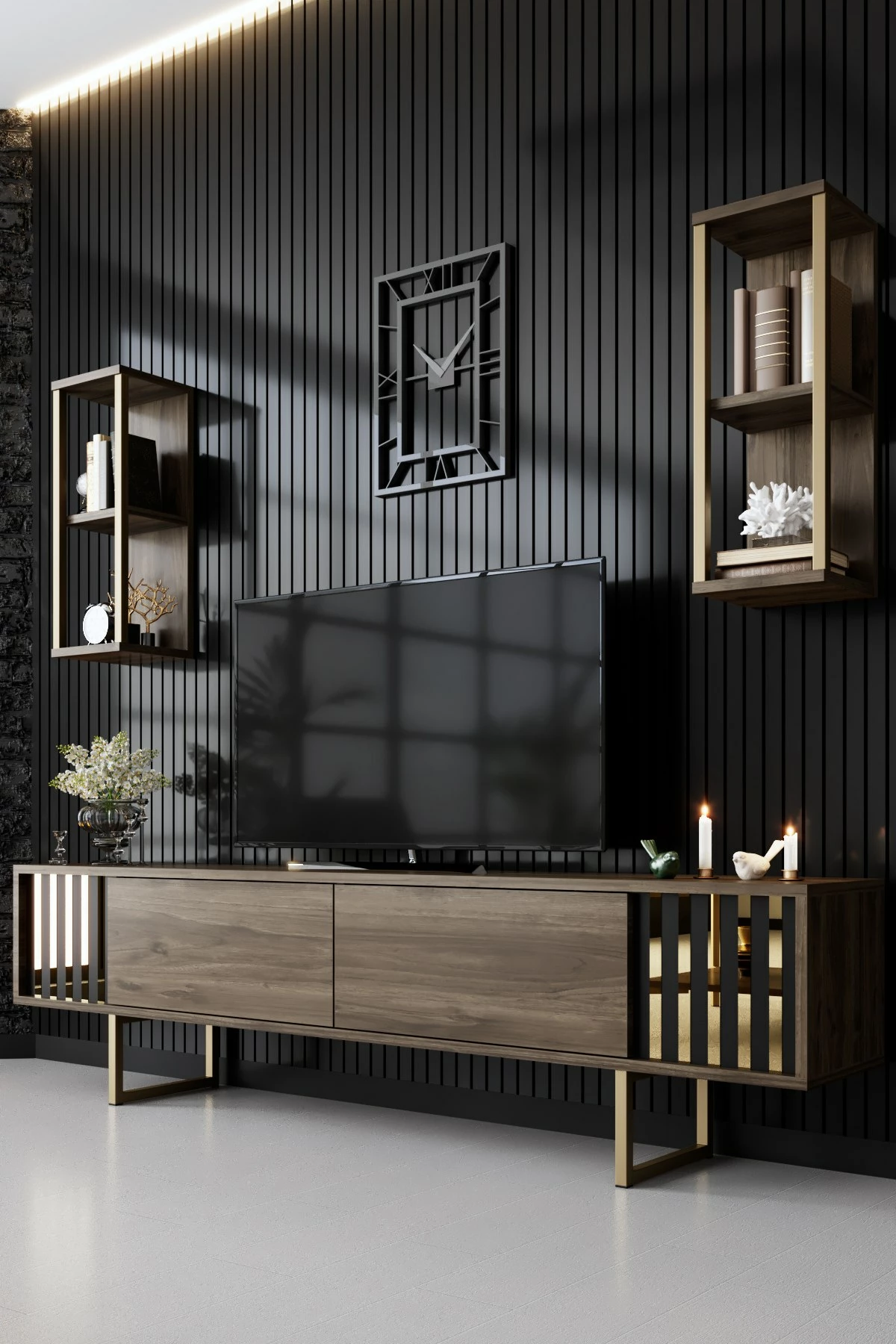 Komodë TV Hanah Home, Gold Line, ngjyrë arre dhe e zezë, me dy rafte muri