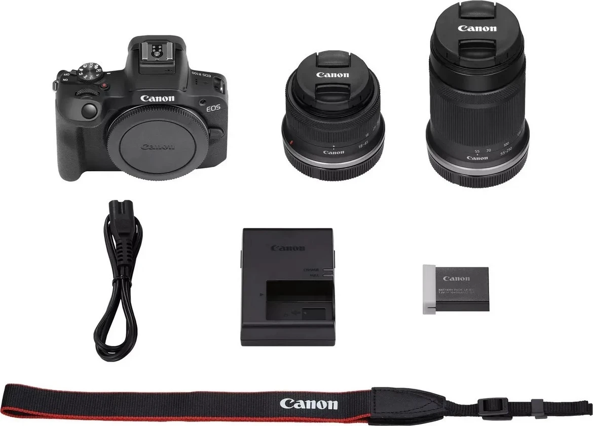 Aparat fotografik Canon EOS R100, me objektiv RF-S 18-45mm IS STM dhe RF-S 55-210mm IS STM, i zi