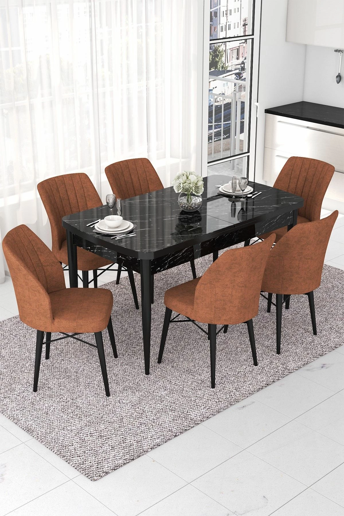 Tavolinë me karrige, zgjatshme, 7 copë, Skye Decor, sipërfaqe mermeri të zi, karrige ngjyrë të kuqe tile