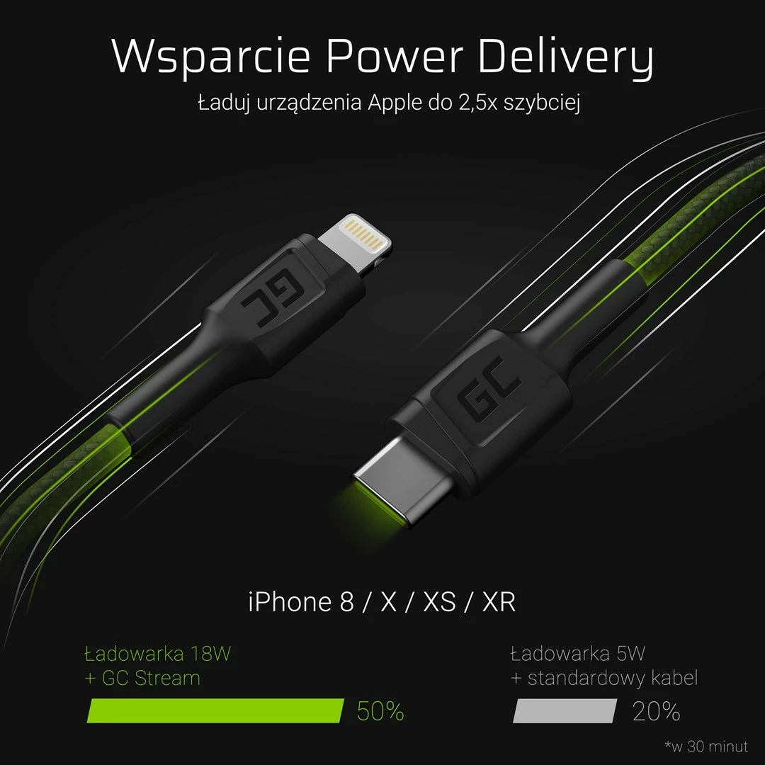 Kabllo Green Cell KABGC07, 1 m, USB-C në Lightning, e zezë