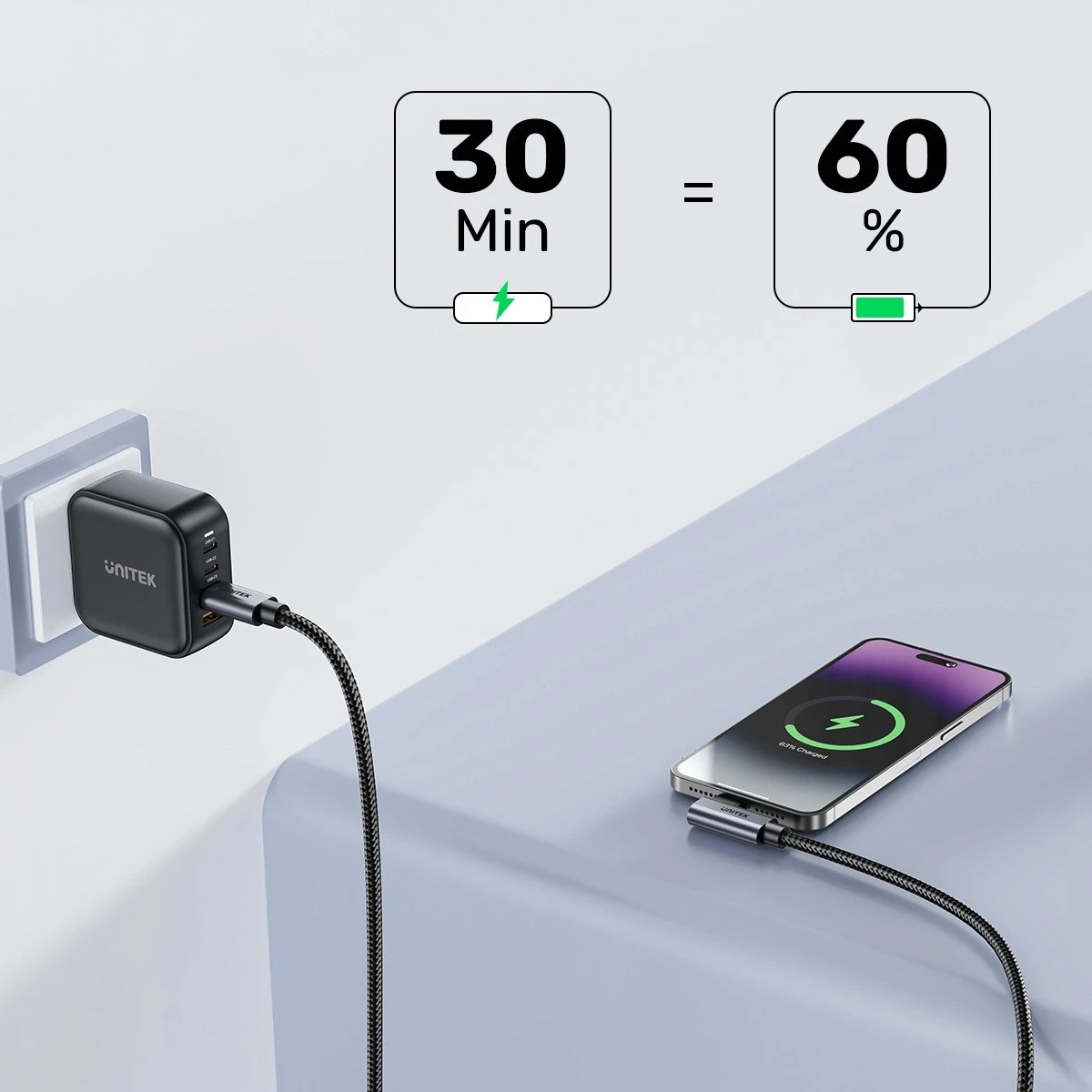 Kabëll USB-C Unitek, 90° PD100W, 1m, zi-gri