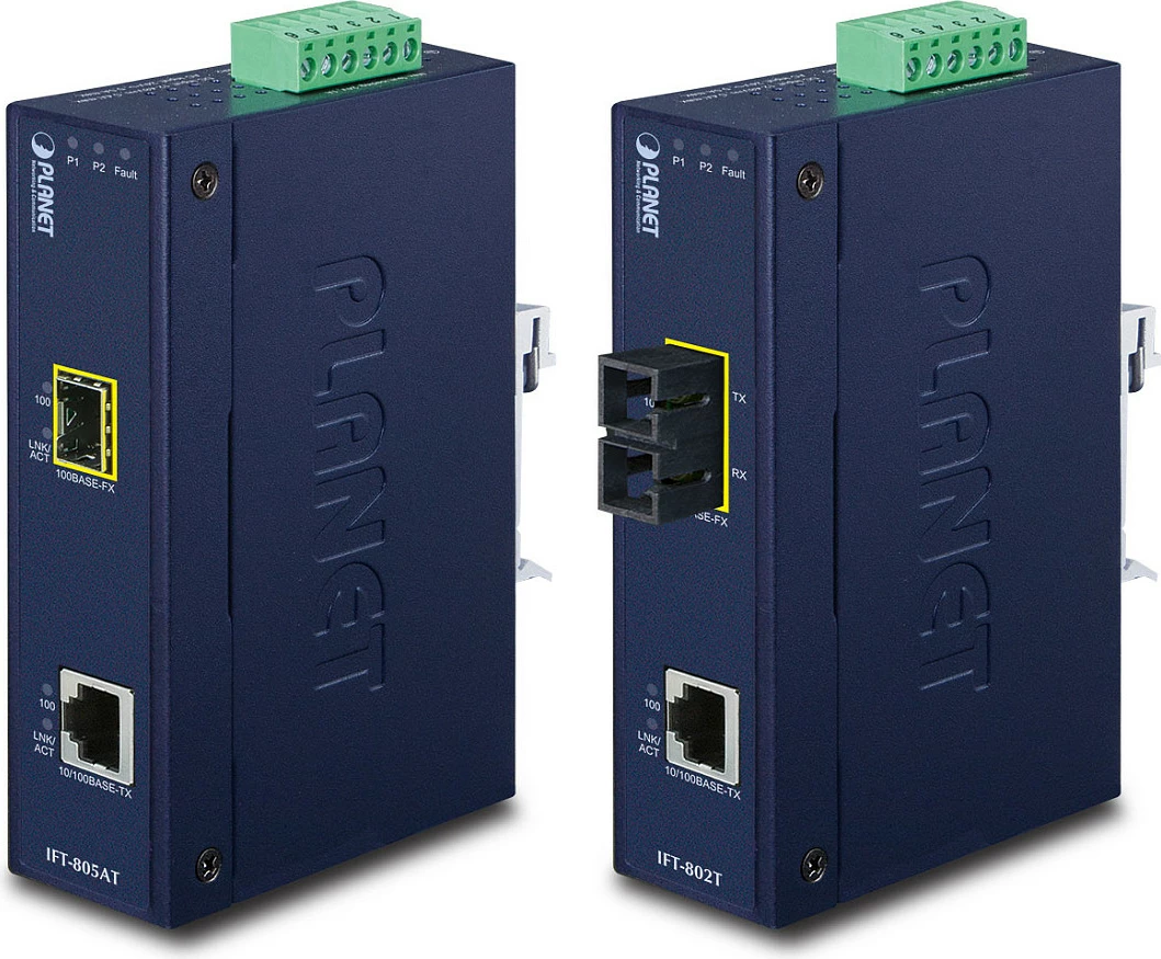 Media konvertues industrial Planet IFT-802T, 10/100Base-TX në 100Base-FX, Fast Ethernet, DIN rail, 12-48V DC, i kaltër