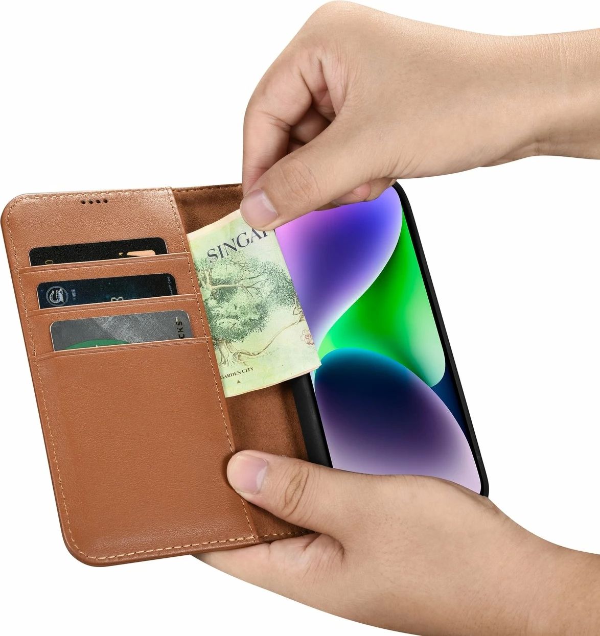 Mbështjellës iCarer Wallet Case 2in1 për iPhone 14, lëkurë, Anti-RFID, Kafe