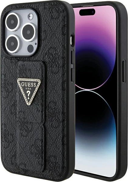 Mbështjellës Guess Grip Stand 4G Triangle Strass për iPhone 15 Pro, i zi