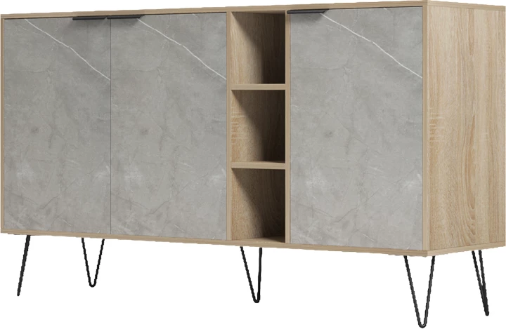 Bufe Balain, pamje mermeri gri-bezhë, këmbë të zeza, 142x35.5x83cm