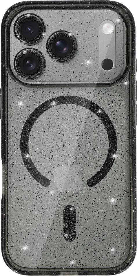 Mbështjellës MagSafe me silikon me glitter ONASI 23907 për iPhone 17 Pro Max, transparent e zezë me glitter