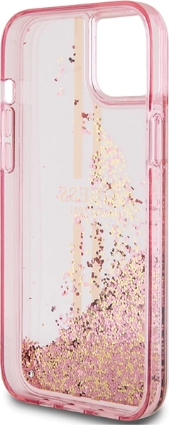 Mbështjellës Guess Liquid Glitter Gold Stripes për iPhone 15 Plus / 14 Plus, Rozë