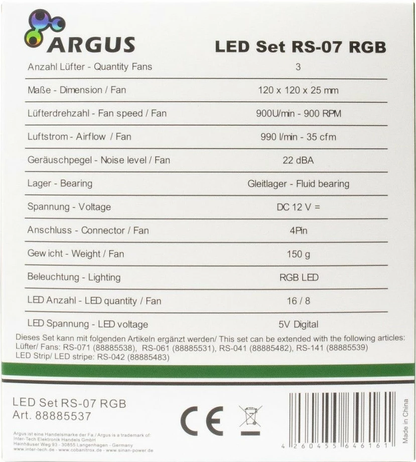 Ventilatorë kasë Inter-Tech ARGUS RS-07, set 3x 120mm RGB LED, me telekomandë