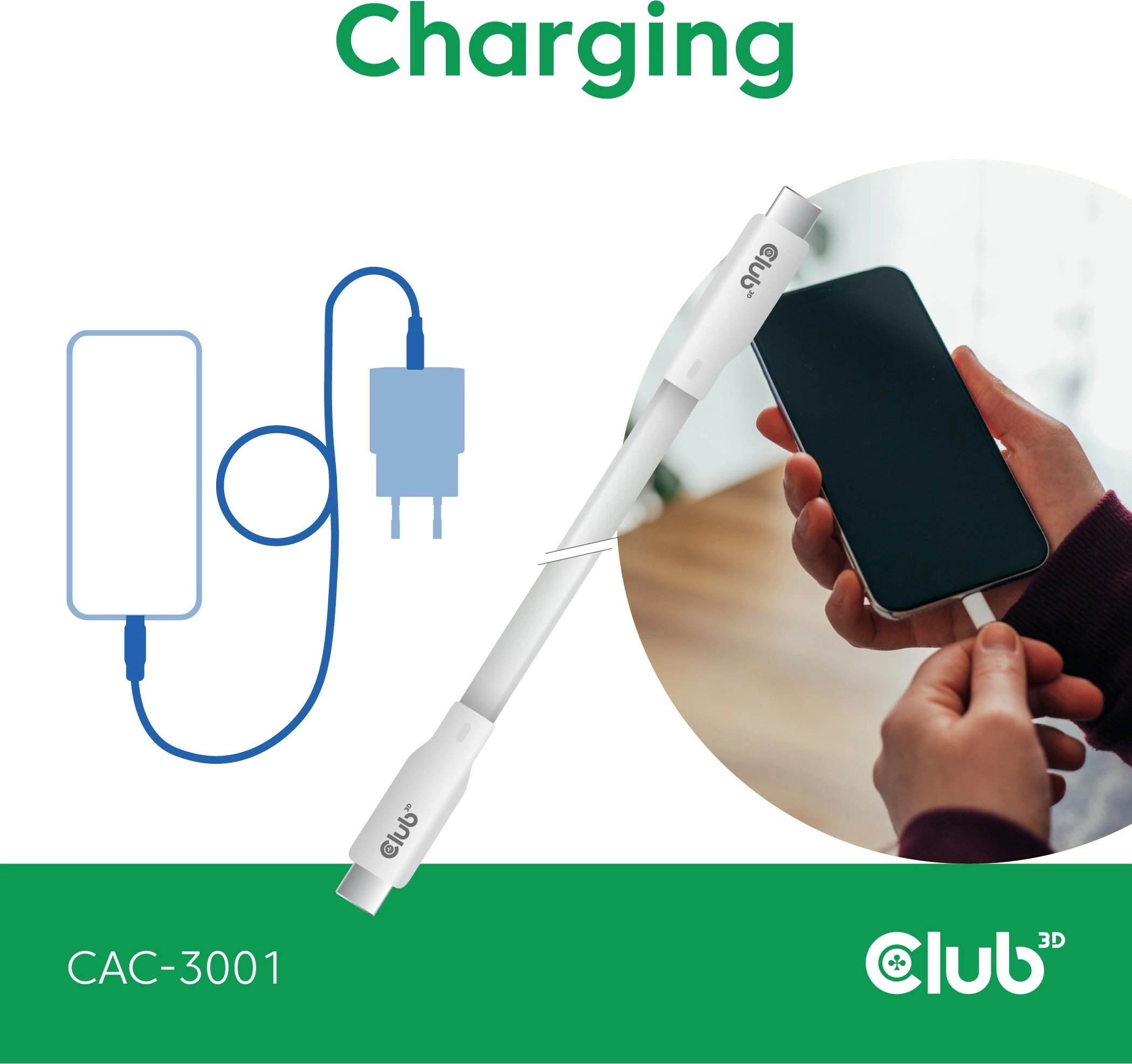 Kabllo USB-C Club3D CAC-3001, 2m, 240W, 20Gbps, e bardhë