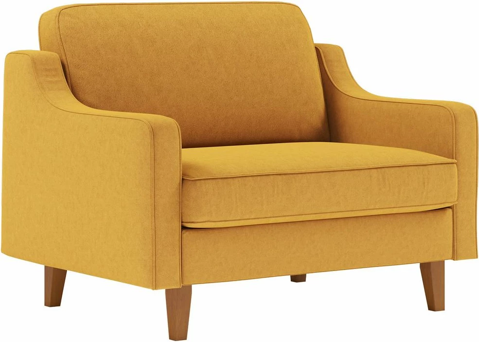 Divan një vendësh Robin, kadife ngjyrë mustard, këmbë dru arre
