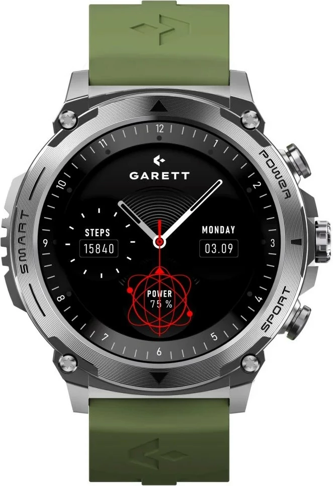 Smartwatch Garett Atom 1.43\" AMOLED, Bluetooth thirrje, IP68, 370 mAh, argjendtë, set me rrip shtesë silikonik
