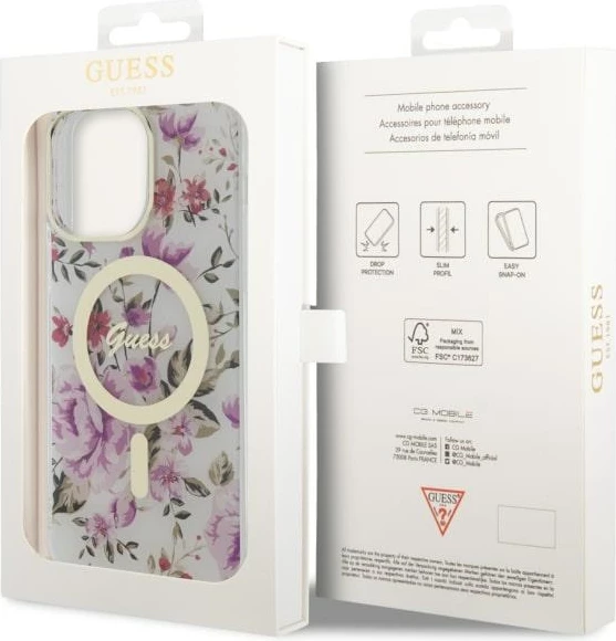 Mbështjellës Guess GUHMP14XHCFWST për iPhone 14 Pro Max 6.7", transparent, Flower MagSafe