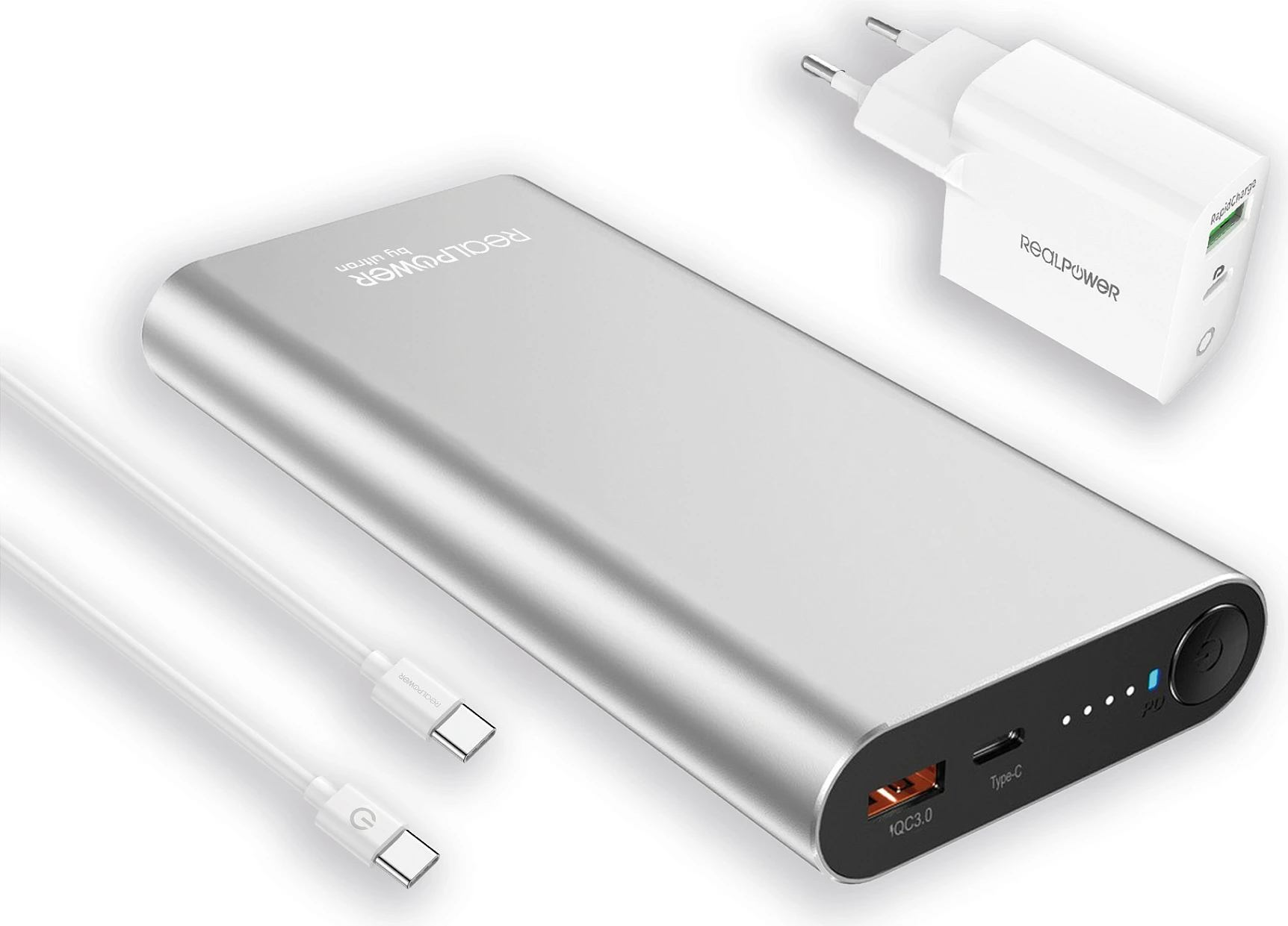 Powerbank RealPower PB-20000PD Pro Set, 20000mAh, USB-C PD 100W, Quick Charge 3.0, alumin/argjendi