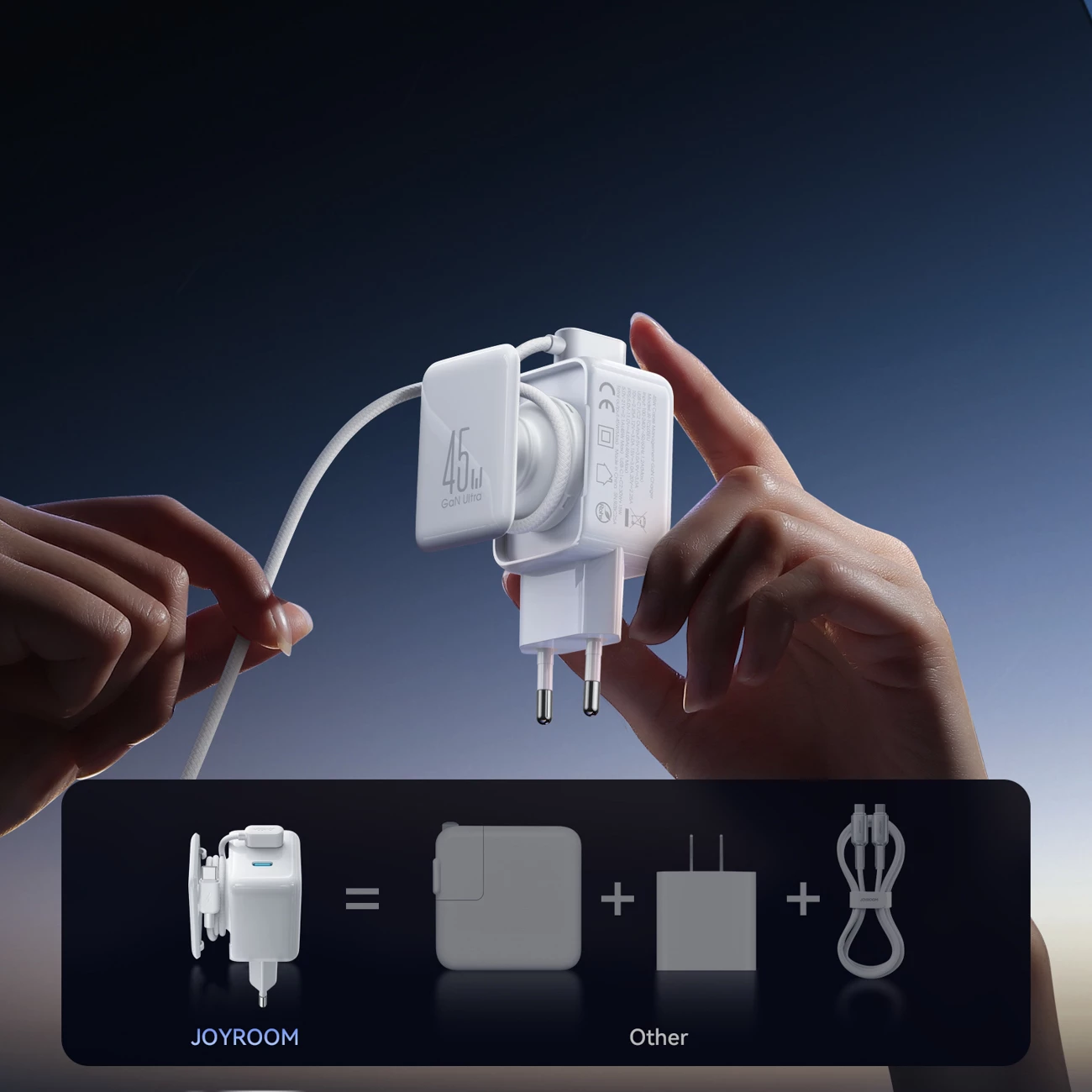 Karikues muri Joyroom JR-TCL05, 45W GaN, 2x USB-C, me organizues kablloje, i bardhë, me kabllo USB-C 1.2m