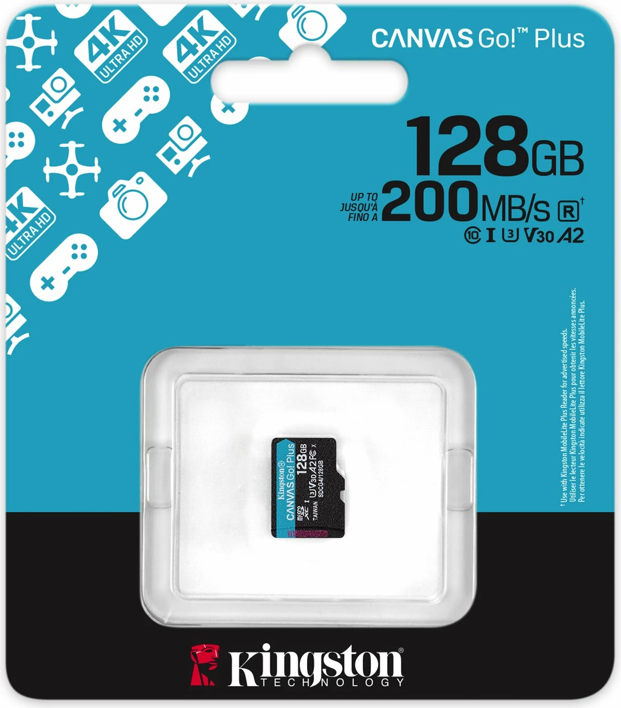 Kartelë memorie microSD Kingston Canvas Go! Plus 128 GB UHS-I Class 10 V30 A2, zi/turkez