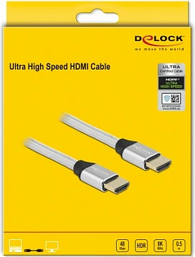 Kabllo HDMI DeLOCK Ultra High Speed 0.5 m, 48 Gbps, 8K@60Hz, argjendtë