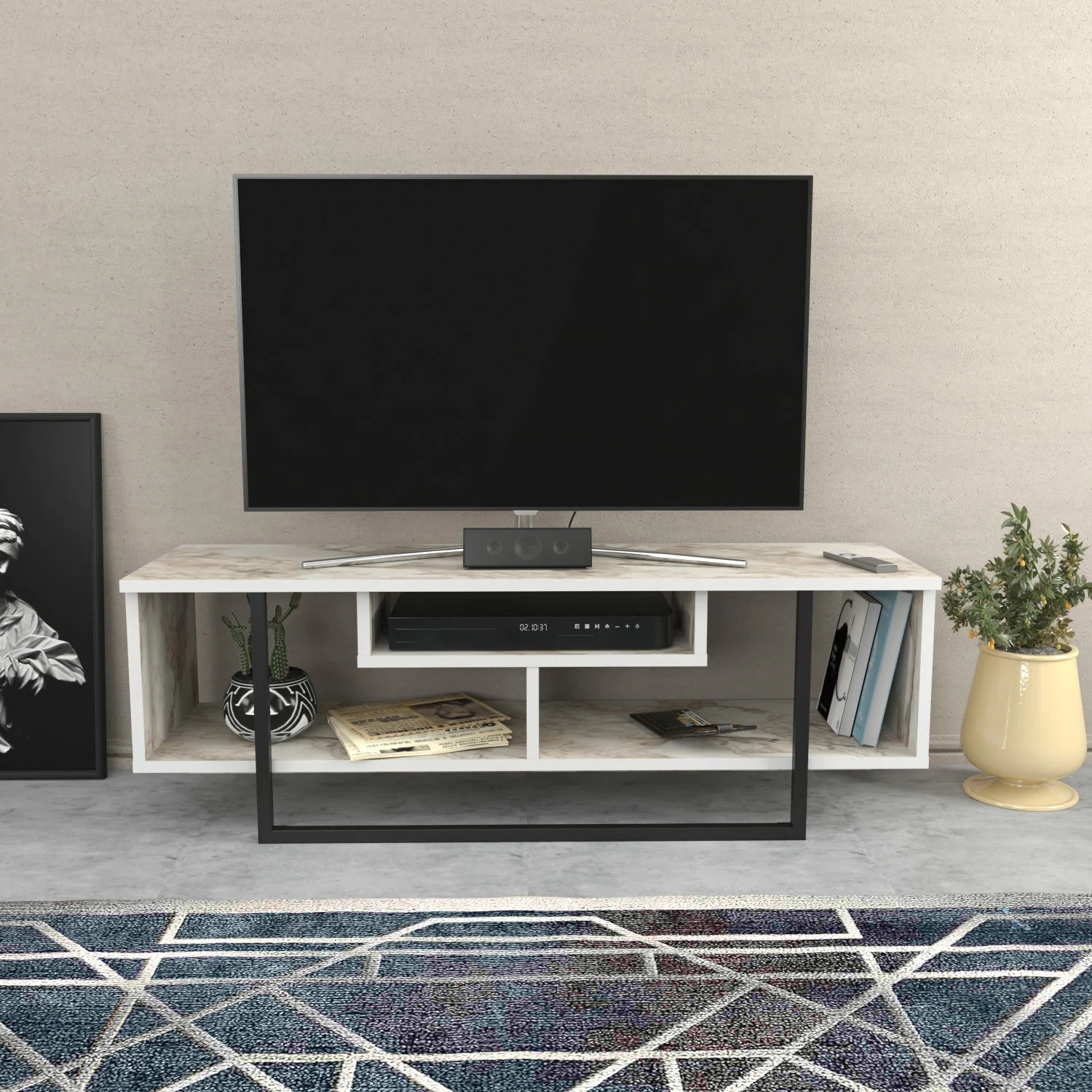 Komodinë TV Skye Decor, Asal 120, e zezë dhe e bardhë